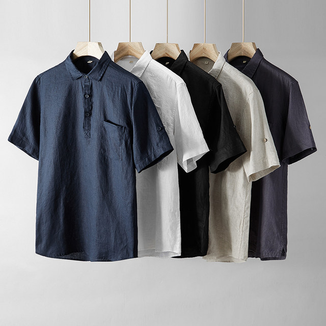 Summer thin pure linen short-sleeved T-shirt for men loose large size Chinese style cotton linen half-sleeved T-shirt and linen shirt