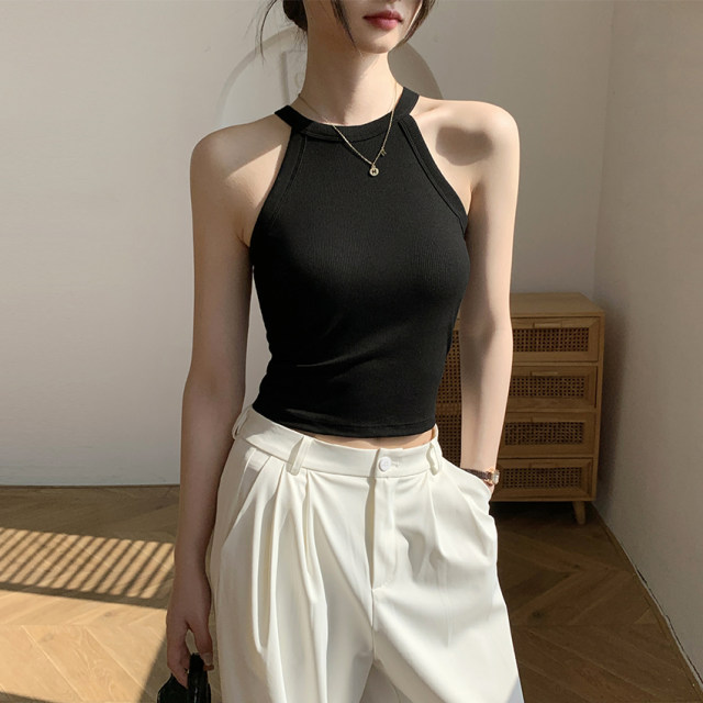 Black halter neck beautiful back suspender vest for women summer short style with chest pad cup integrated inner top