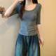Gray mid -sleeve U -collar bottom shirt female 2024 new spring and autumn slim collar dew back clavicle five -point sleeve top

