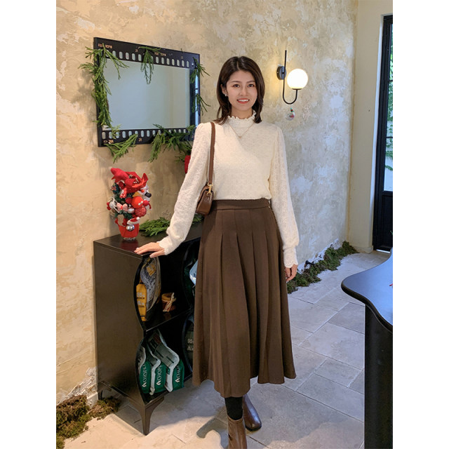 Princess Zilulai folding fan~ versatile mid-length high-waisted A-line pleated skirt 06X