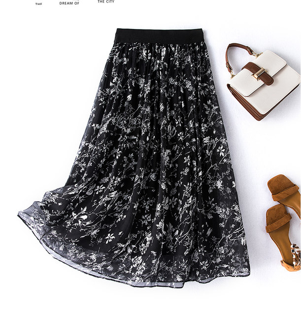 Silk skirt summer elastic waist skirt mulberry silk long skirt fairy skirt print high waist cover flesh to make you look thin