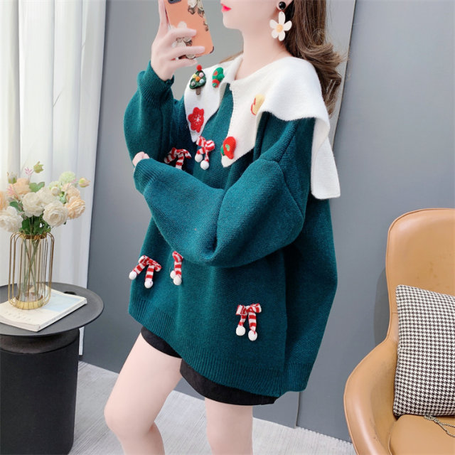 Sweet and gentle style Christmas red doll collar sweater for women in autumn and winter 2023 new Korean style top