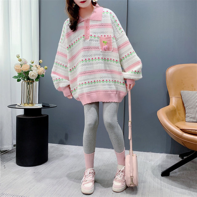 Japanese college style Polo neck sweet pullover sweater for women in autumn 2024 new loose mid-length casual top