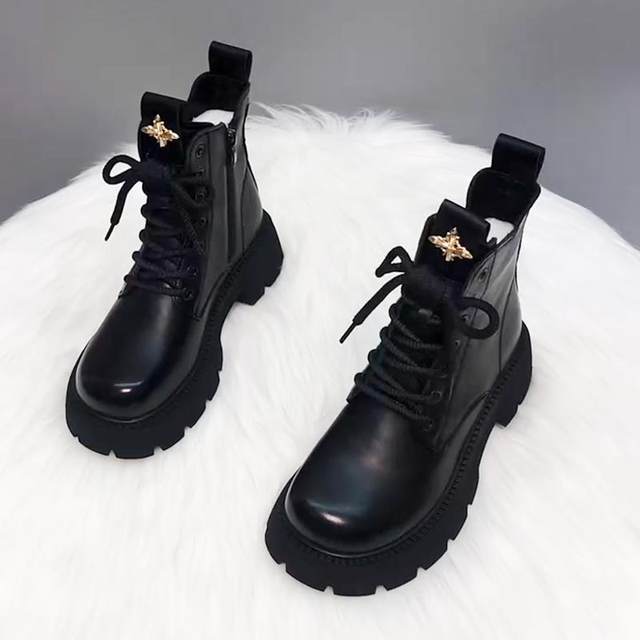 Genuine leather thick-soled Martin boots for women 2025 autumn and winter new style plus velvet to keep warm British style versatile internet celebrity popular short boots