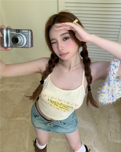 Pure desire, sweet girl letter printing strap vest with chest pad hot girl, wears short sleeveless tops
