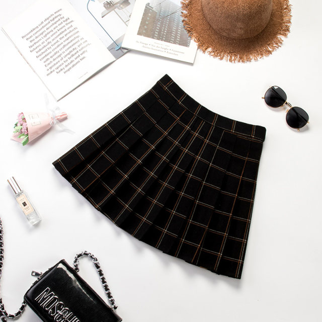 Pleated skirt female autumn and winter hair grid skirt high waist tight large size A -line skirt Short models thin winter skirt
