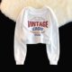 Pure cotton round neck short sweatshirt for women 2025 new spring and autumn thin printed long sleeves high waist short top autumn