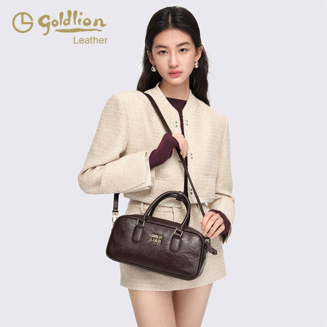 Goldlion 2025 Spring New Niche Design Portable Boston Pillow Bag Fashionable Genuine Leather Shoulder Crossbody Bag