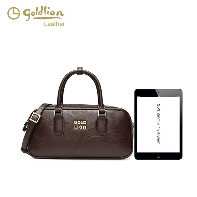 Goldlion 2025 Spring New Niche Design Portable Boston Pillow Bag Fashionable Genuine Leather Shoulder Crossbody Bag