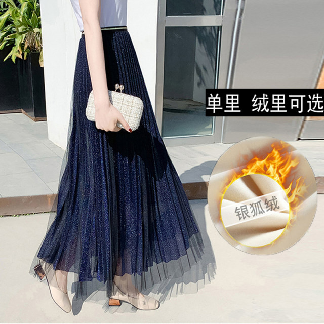Net yarn skirt female new spring, summer, autumn and winter mid -length high -waist A -line skirts are thin shiny, pleated fairy skirt plus velvet
