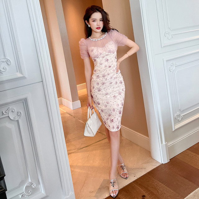 Sexy mesh strapless dress for women's summer 2024 new round neck waist-hugging floral skirt
