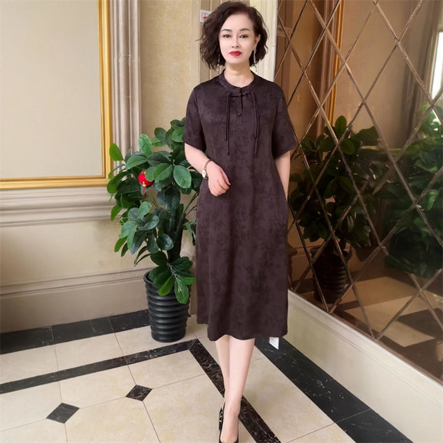 Summer short-sleeved Chinese-style silk satin jacquard dress, fashionable age-reducing mother's dress, Xiangyun gauze western-style long skirt