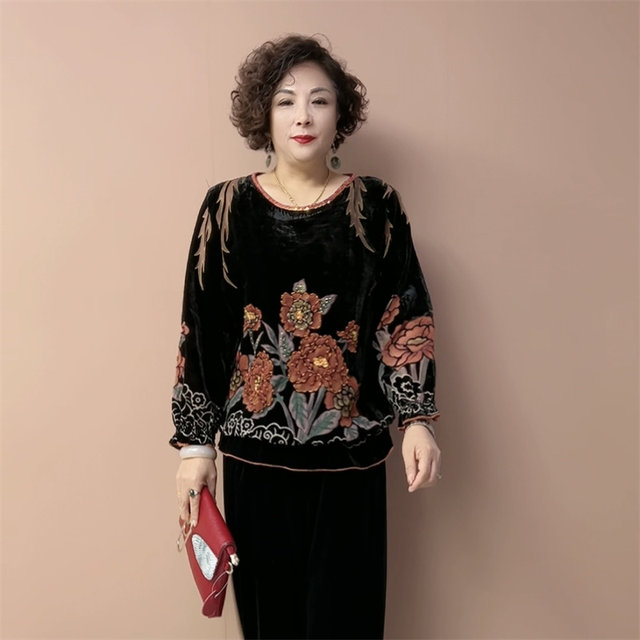 High -end autumn and winter mulberry silk, feldrobin beads, real velvet long sleeves, elderly mother dressing tops T -shirt small shirt