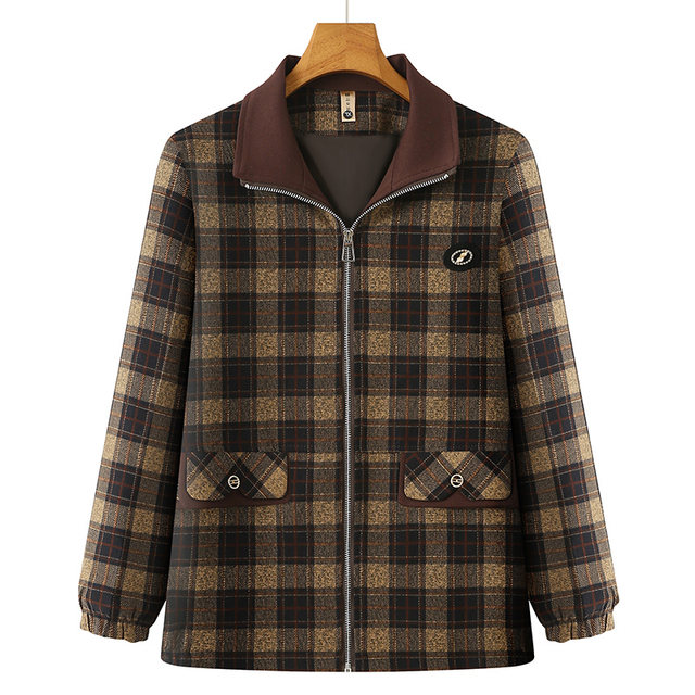 Middle-aged and elderly fashion mother dress plaid coat grandma spring and autumn new lapel zipper jacket top age reduction