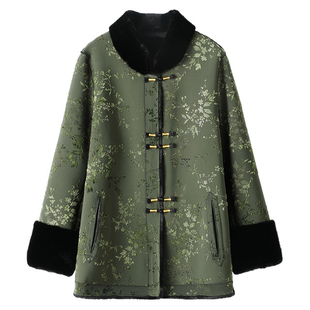 New Chinese style mom winter fur coat for women luxury jacquard Tang suit middle-aged and elderly gold mink velvet fur one-piece coat