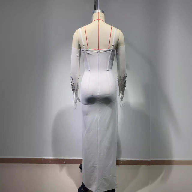 Independent Station Amazon Hot Sale White Diamond Sling Long Skirt Sexy Slit Cocktail Party Evening Dress
