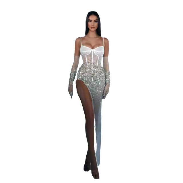 Independent Station Amazon Hot Sale White Diamond Sling Long Skirt Sexy Slit Cocktail Party Evening Dress
