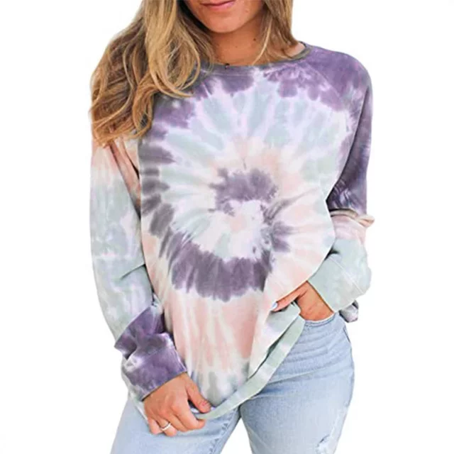 European and American cross-border exports spring and autumn trendy women's long-sleeved round neck loose T-shirt tops oversized tie-dye pullover