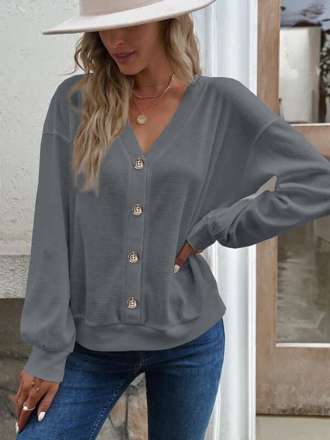 European and American cross -border export autumn clothing women's long -sleeved loose T -shirt V -necklashes of New Blocks Kasdono large size leisure solid color tither fat M
