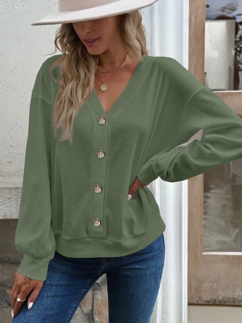 European and American cross -border export autumn clothing women's long -sleeved loose T -shirt V -necklashes of New Blocks Kasdono large size leisure solid color tither fat M