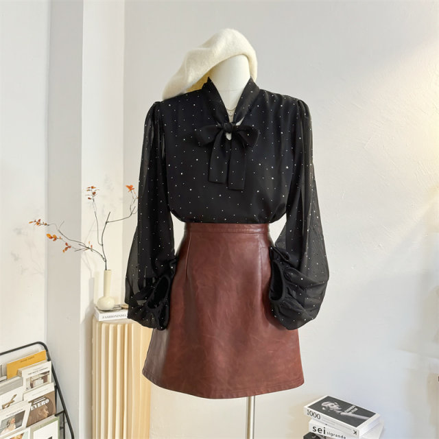 Sequin polka dot black lace-up bow chiffon shirt women's 2025 spring design lantern sleeve shirt top

