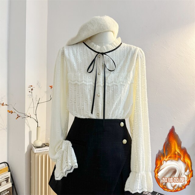 French sweet lace tied fungus stand-alone lace shirt for women in autumn and winter plus velvet thickened temperament bottoming shirt top apricot