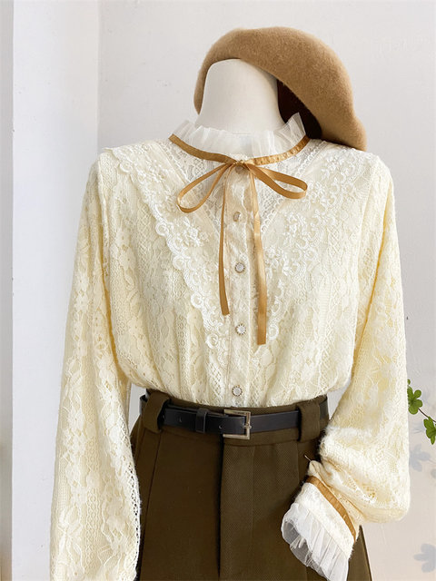 Black fungus lace stand-up collar lace shirt for women in autumn and winter plus velvet thickened sweet inner layer bottom bow shirt top