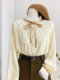 Black fungus lace stand-up collar lace shirt for women in autumn and winter plus velvet thickened sweet inner layer bottom bow shirt top