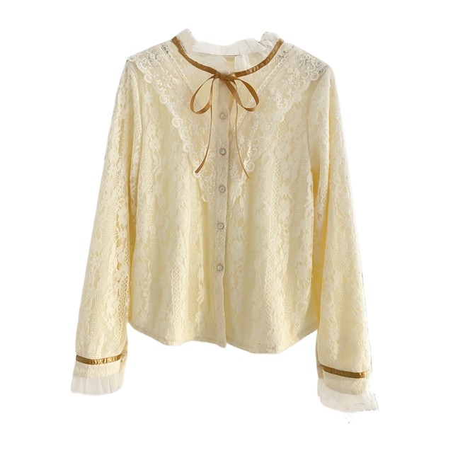 Black fungus lace stand-up collar lace shirt for women in autumn and winter plus velvet thickened sweet inner layer bottom bow shirt top