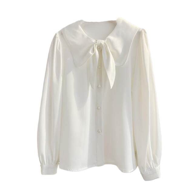 French doll collar bow satin shirt women's long sleeves 2025 spring temperament commuting shirt age-reducing top white