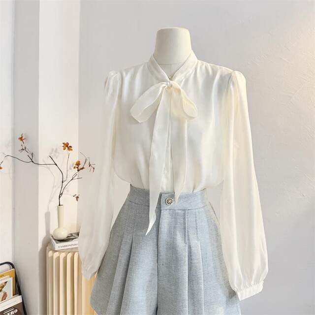 French gentle style lace-up bow long-sleeved shirt for women 2025 spring age-reducing streamer top imitation tiny shirt