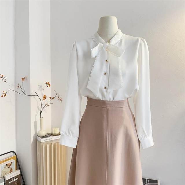 White lace-up bow satin shirt women's long-sleeved spring commuting shirt age-reducing temperament shirt top