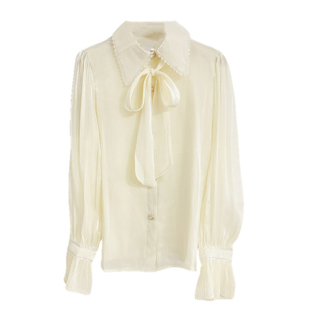2025 Spring New Style Gentle Temperament Bow Shirt Women's Design Female Fashionable Flag Sleeve Mermaid Top