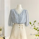 Lace lace V-neck chiffon shirt age-reducing jacquard shirt for women in summer design and fashionable 7-quarter sleeve shirt top