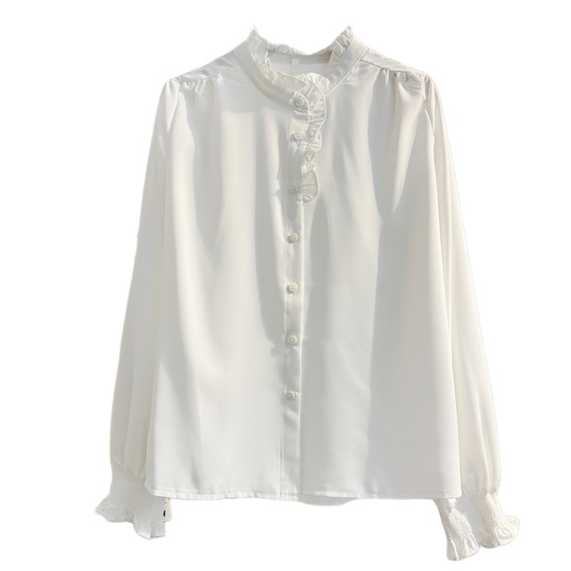 White fungus lace stand-up collar long-sleeved shirt for women 2025 spring French age-reducing temperament inner bottoming shirt top
