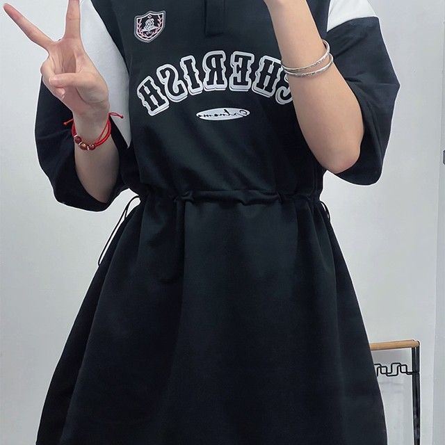 Polo neck summer new short-sleeved dress for women's college style two-wear T-shirt skirt can be slid and casual loose A-line skirt