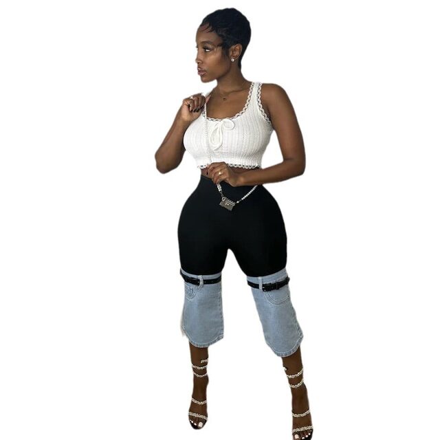 YM5285 Amazon Independent Station European and American Fashion Spliced ​​Combination Stretch Denim Micro-Tender Cropped Pants for Women
