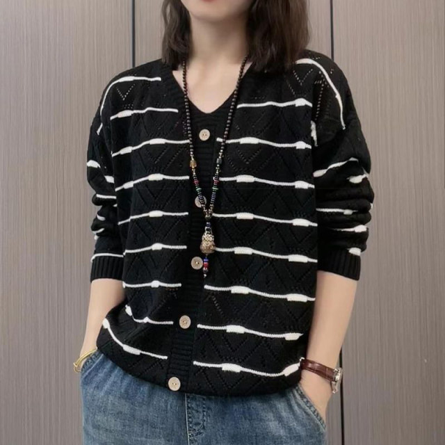 V -neck sweater women spring new stripes, loose color, thin size, fat MM cotton long -sleeved sweater top