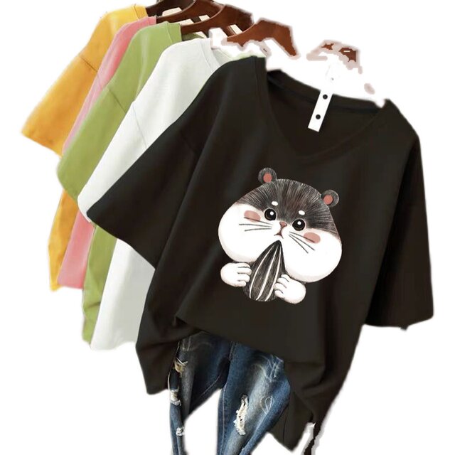 2021 Summer new cartoon printed orange pink short -sleeved T -shirt female simplicity cotton V library vitrus base shirt