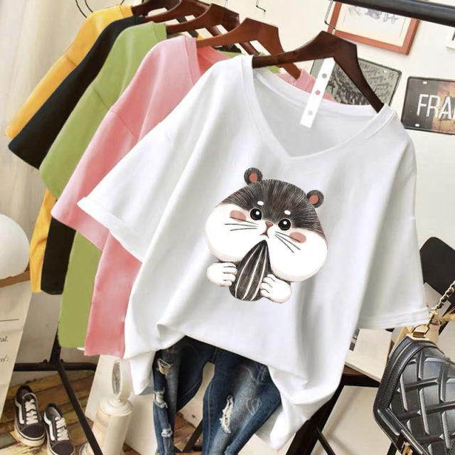 2021 Summer new cartoon printed orange pink short -sleeved T -shirt female simplicity cotton V library vitrus base shirt