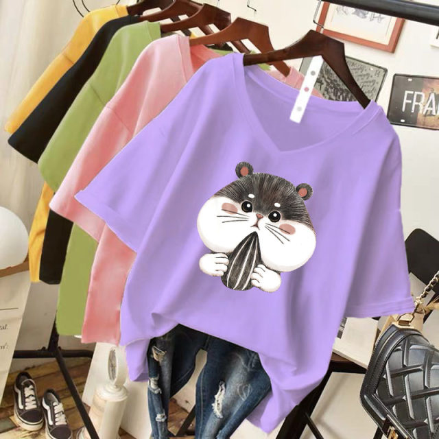 2021 Summer new cartoon printed orange pink short -sleeved T -shirt female simplicity cotton V library vitrus base shirt