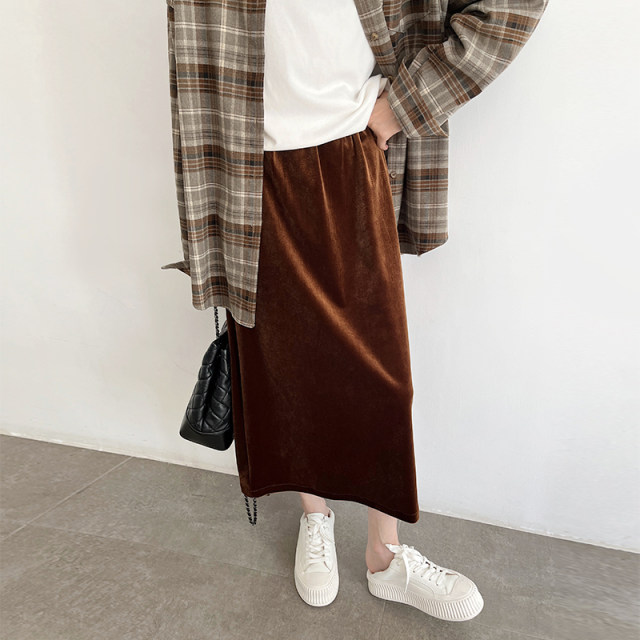 Golden velvet skirt female spring and autumn 2023 new high -level retro -high waist tube split middle long A -line skirt
