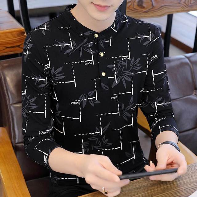 Hong Kong Shibo Spring and Autumn Men's Pure Cotton Polo Shirt Thin Trendy Handsome Men's Stand Collar Long Sleeve T-Shirt Bottoming Shirt