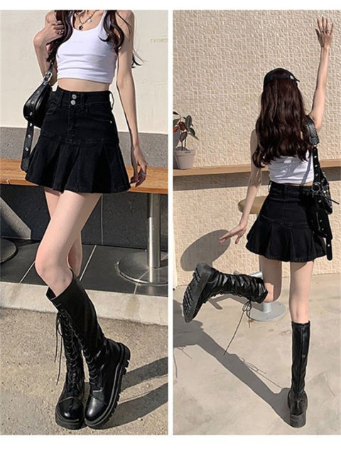 Black denim skirt for women summer American high waist A-line pleated small hip hot girl skirt fishtail skirt
