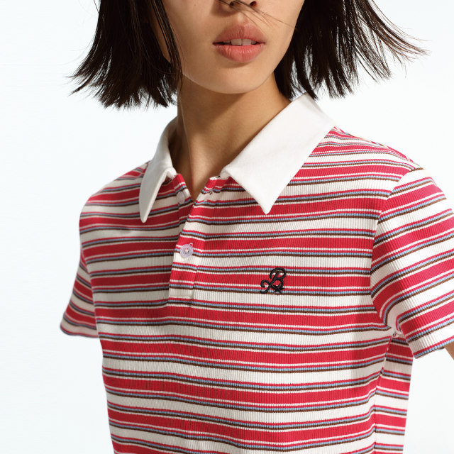 BEASTER color knitted striped short-sleeved polo shirt for women American style neck embroidery pattern body scrubbing