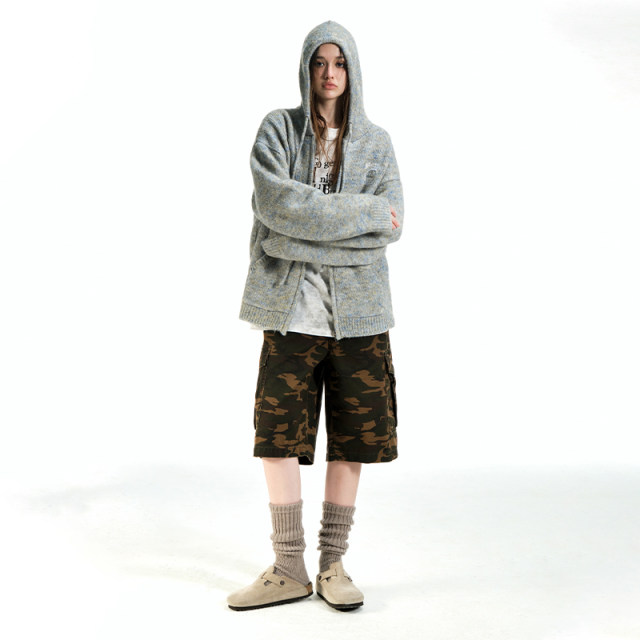 Beaster facial embroidery pattern hooded knitted cardigan male autumn new loose retro sweater outer
