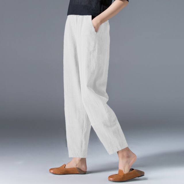Cotton and linen wide leg pants for women summer 2024 loose large size white harem pants slim casual black nine-point lantern pants