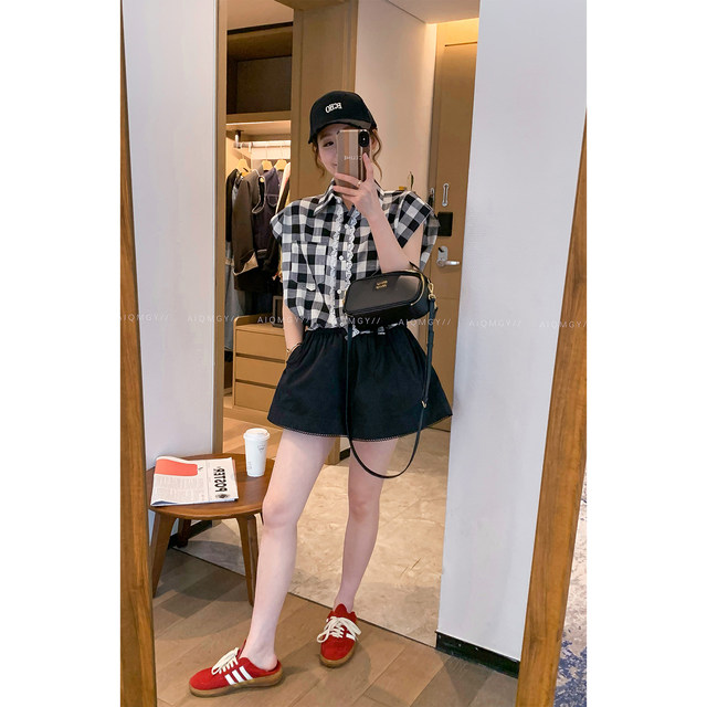 Love Devil Fish Retro Lace Lace Spliced ​​Plaid Shirt Women's New Summer Sleeveless Top