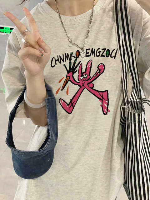 Summer retro flower gray cartoon pure cotton large size T-shirt for women round neck loose fat MM mid-length top half-sleeved shirt