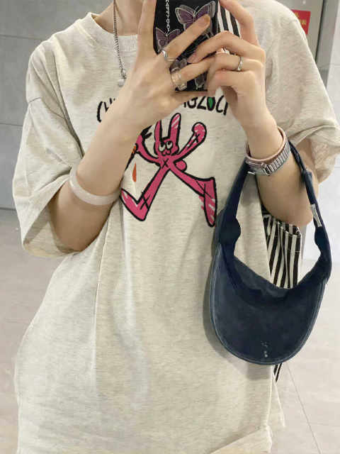 Summer retro flower gray cartoon pure cotton large size T-shirt for women round neck loose fat MM mid-length top half-sleeved shirt